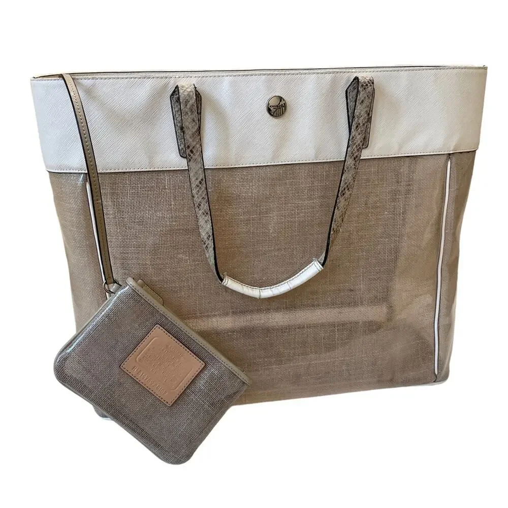 Coach Translucent Vinyl Burlap And White Leather Tote With Coin Purse